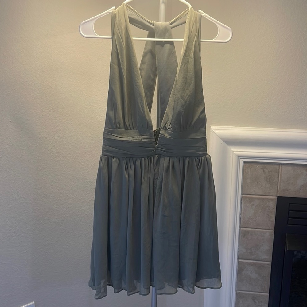 XENIA Green Chiffon Deep V Mini Dress
